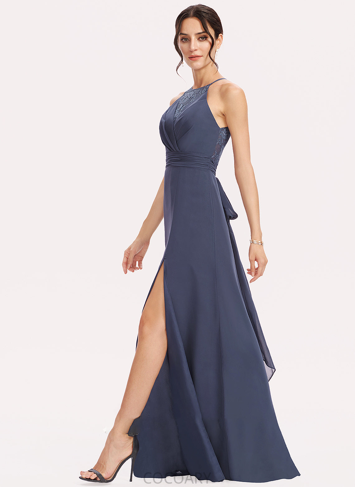 A-Line Length Silhouette Embellishment SplitFront Floor-Length Neckline Lace Halter Fabric Brooke Floor Length Bridesmaid Dresses