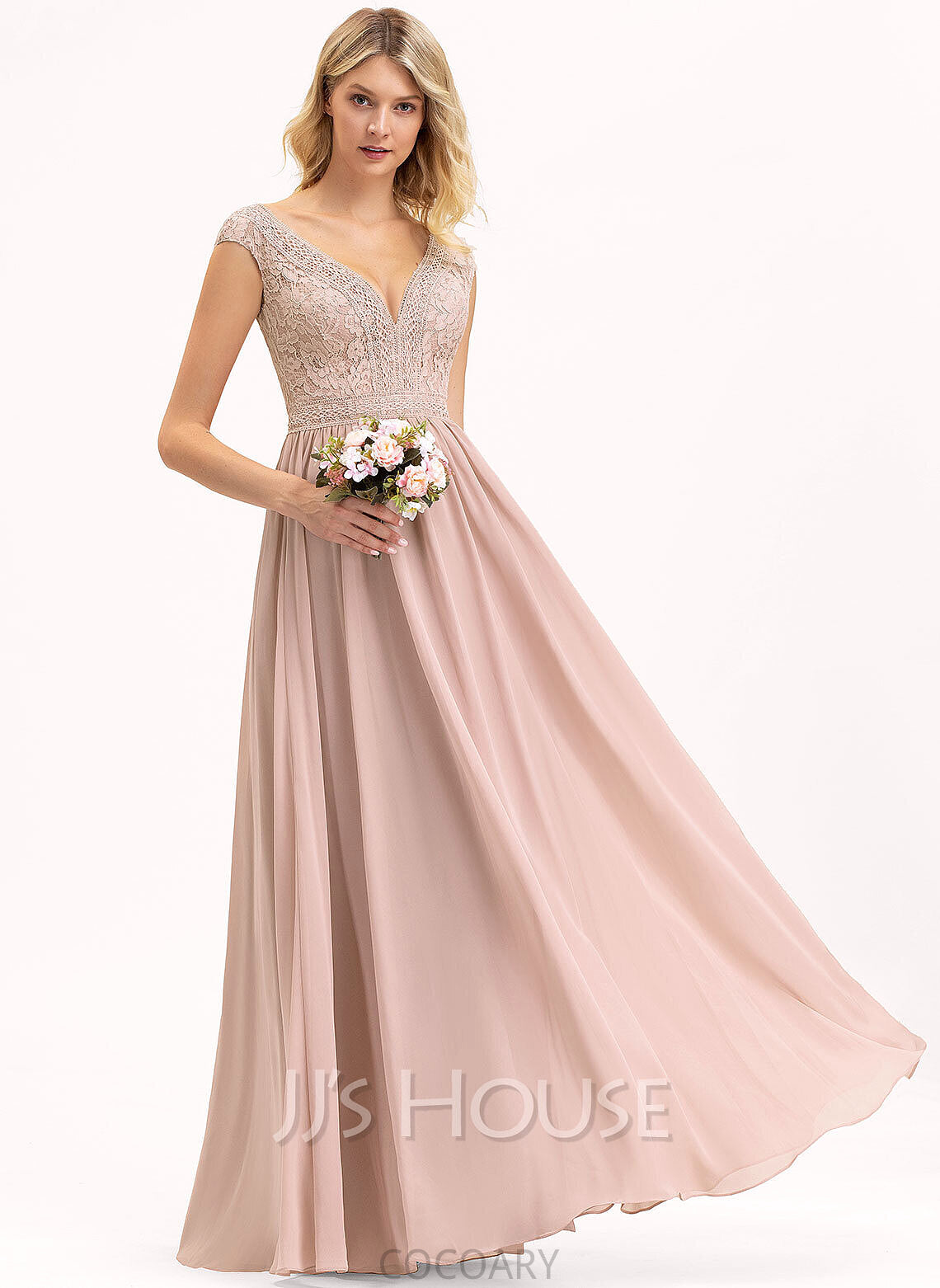 Neckline Lace A-Line Floor-Length Fabric Silhouette Straps V-neck Length Rihanna Short Sleeves V-Neck Bridesmaid Dresses