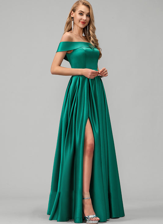 Satin Embellishment SplitFront Straps Pockets Off-the-Shoulder Fabric Neckline Length Floor-Length Marisol Sleeveless Bridesmaid Dresses