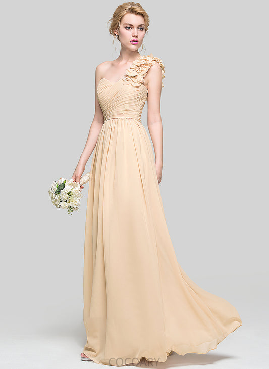 A-Line Flower(s) Embellishment Fabric Ruffle Silhouette Floor-Length Neckline One-Shoulder Length Camila Natural Waist Bridesmaid Dresses