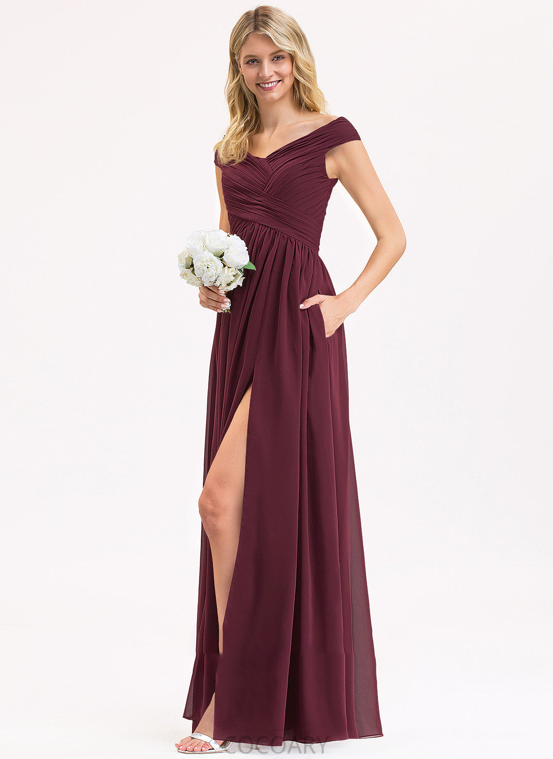 Length Floor-Length A-Line Fabric Silhouette SplitFront Neckline Ruffle Off-the-Shoulder Embellishment Pockets Taliyah Bridesmaid Dresses