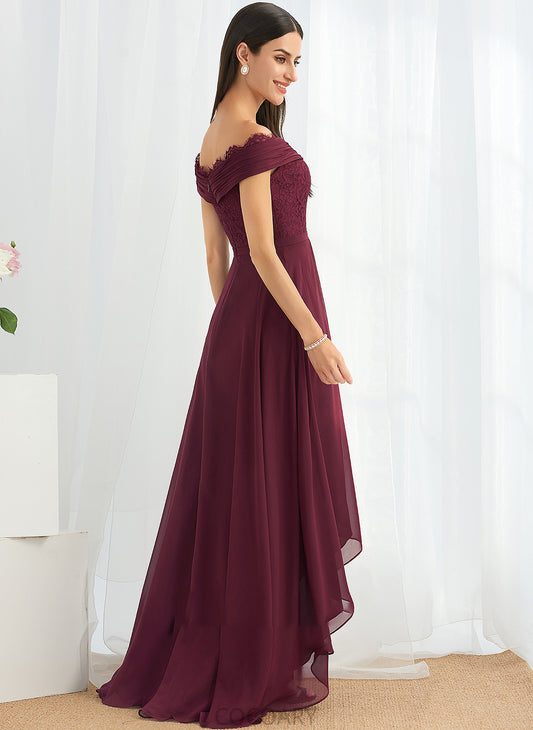 Off-the-Shoulder Embellishment Length Fabric Lace Silhouette Asymmetrical A-Line Neckline Kassidy Spaghetti Staps Floor Length Bridesmaid Dresses