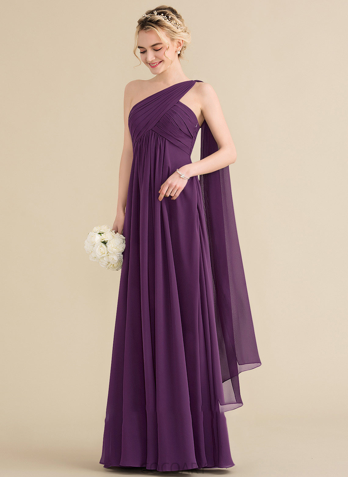 Length Floor-Length One-Shoulder Silhouette Ruffle Fabric Neckline Embellishment A-Line Alana Spaghetti Staps Sleeveless Bridesmaid Dresses