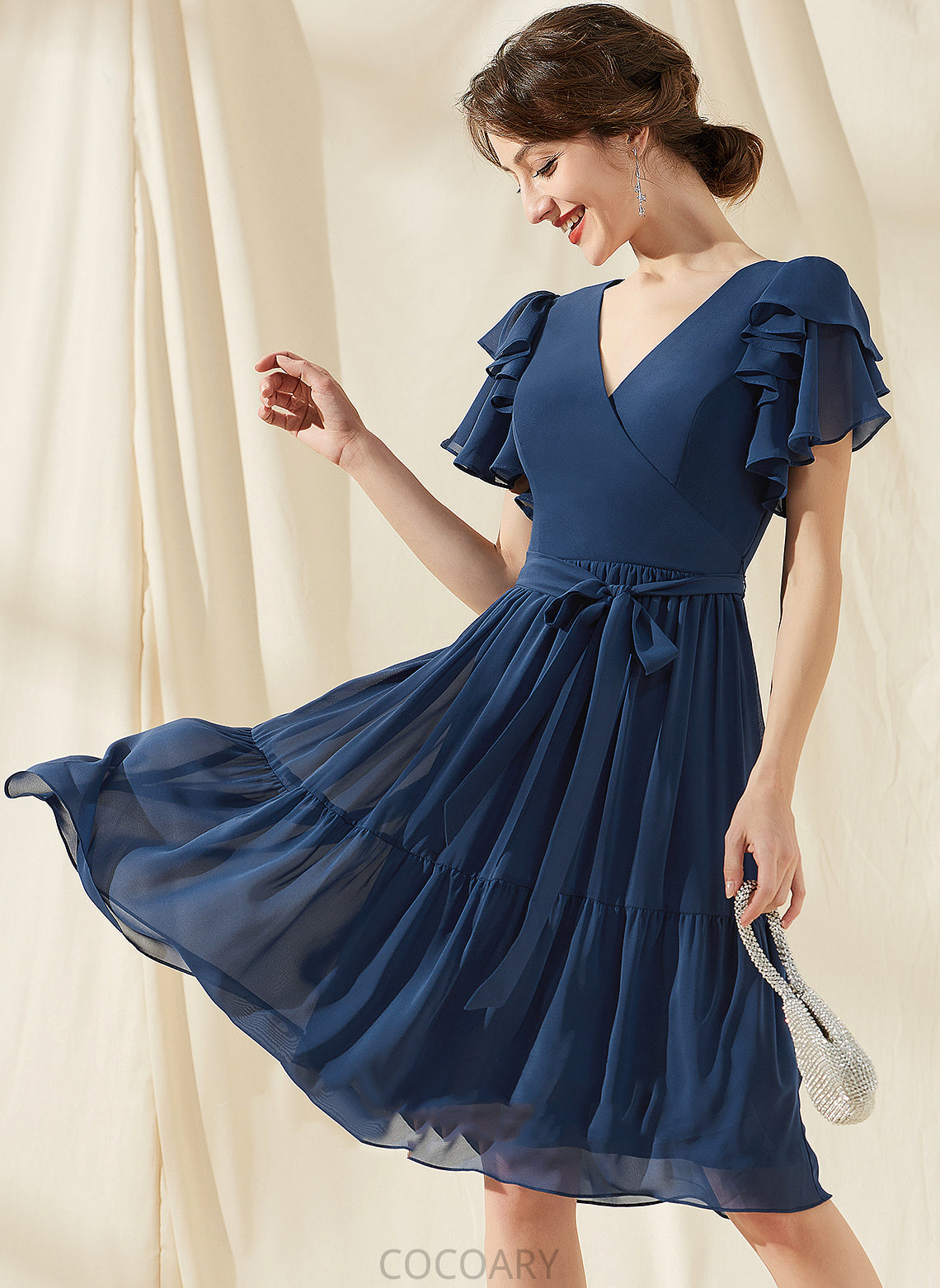 Bow(s) Silhouette Embellishment Neckline A-Line CascadingRuffles Knee-Length V-neck Fabric Length Erin Floor Length Bridesmaid Dresses