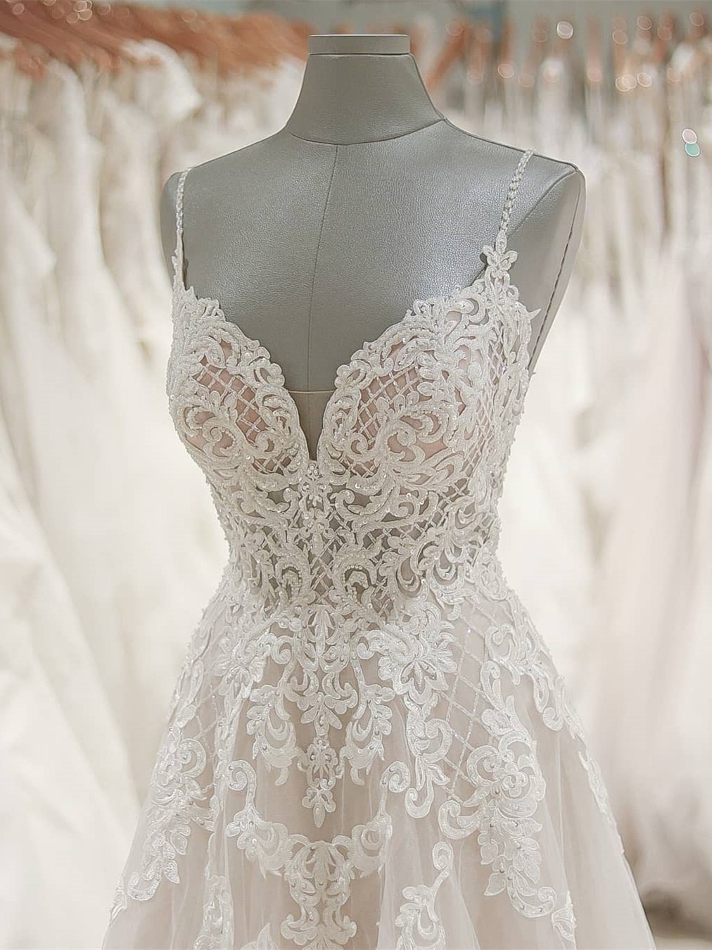 Impressive Spaghetti Straps V Neck Sleeveless Open Back With Lace Appliques Wedding Dresses