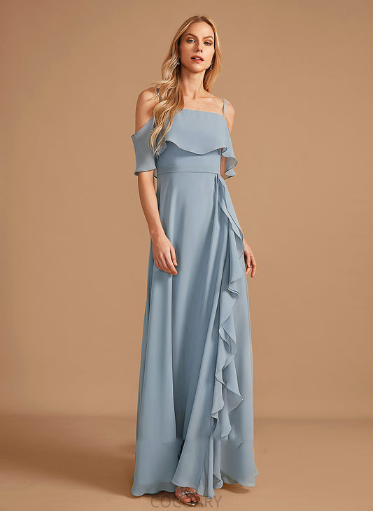 Embellishment A-Line Silhouette SplitFront Off-the-Shoulder Fabric Floor-Length Neckline Ruffle Length Gabriella Spaghetti Staps Bridesmaid Dresses