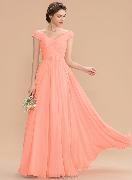 A-Line Lace Embellishment Ruffle Silhouette Floor-Length Off-the-Shoulder Neckline Fabric Length Keyla Sleeveless Bridesmaid Dresses