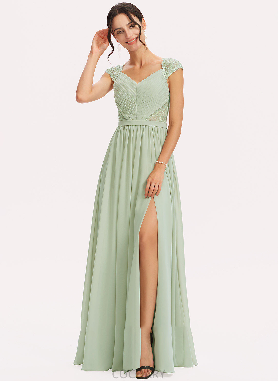 Lace Floor-Length Length SplitFront Embellishment Neckline A-Line Silhouette Fabric V-neck Jean Spaghetti Staps Bridesmaid Dresses