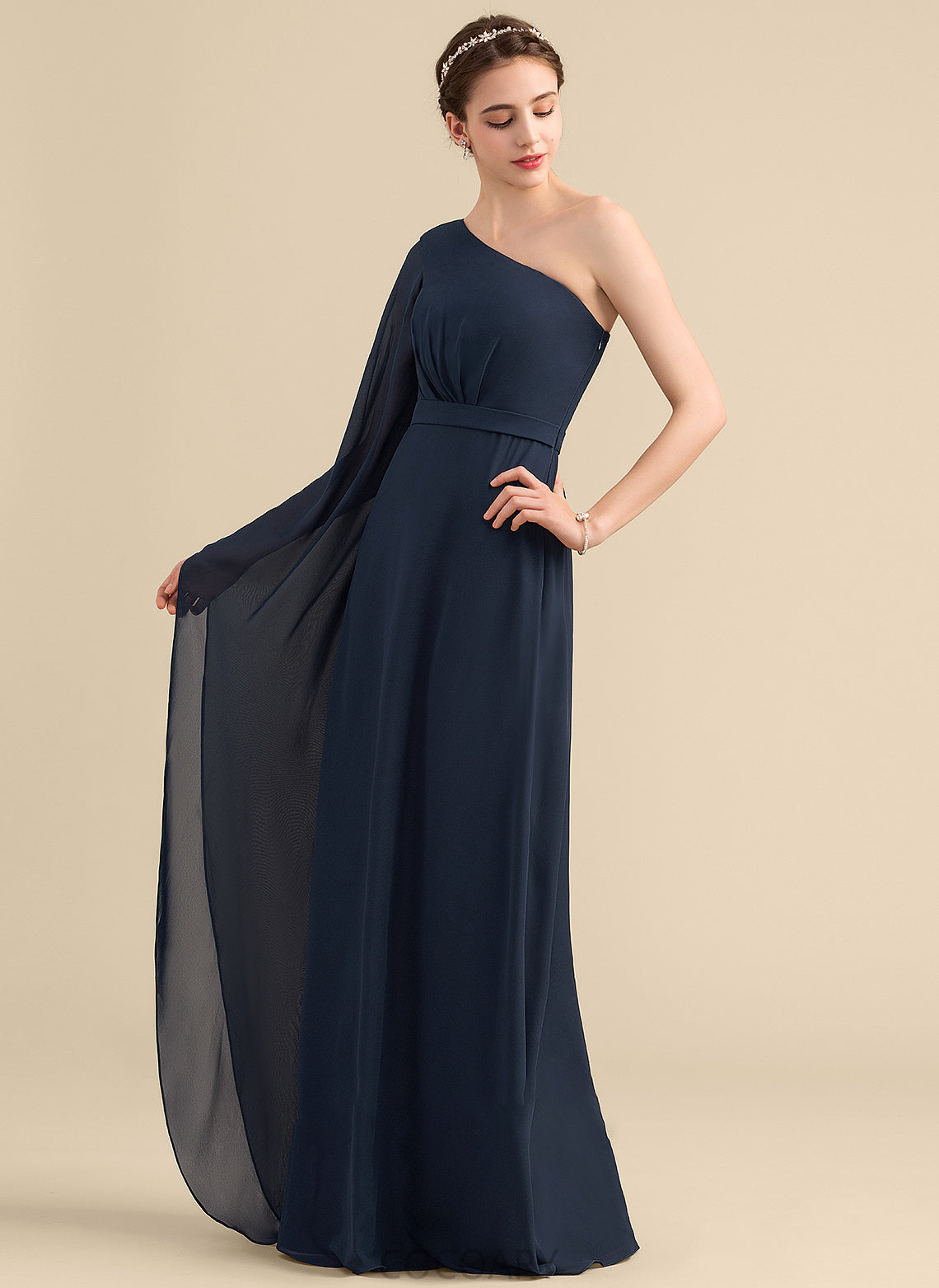 Ruffle Fabric Length A-Line One-Shoulder Neckline Silhouette Embellishment Floor-Length Nayeli Floor Length Sleeveless Bridesmaid Dresses