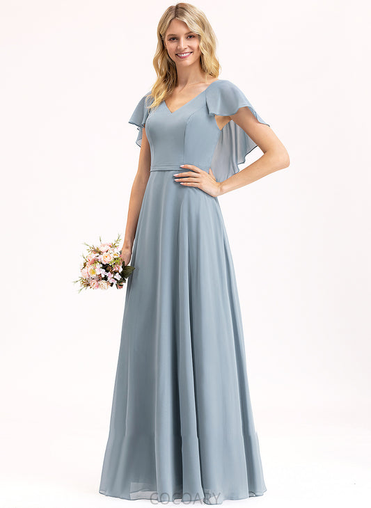 Floor-Length Length Neckline V-neck Silhouette A-Line Fabric CascadingRuffles Embellishment Karlie Natural Waist Sleeveless Bridesmaid Dresses