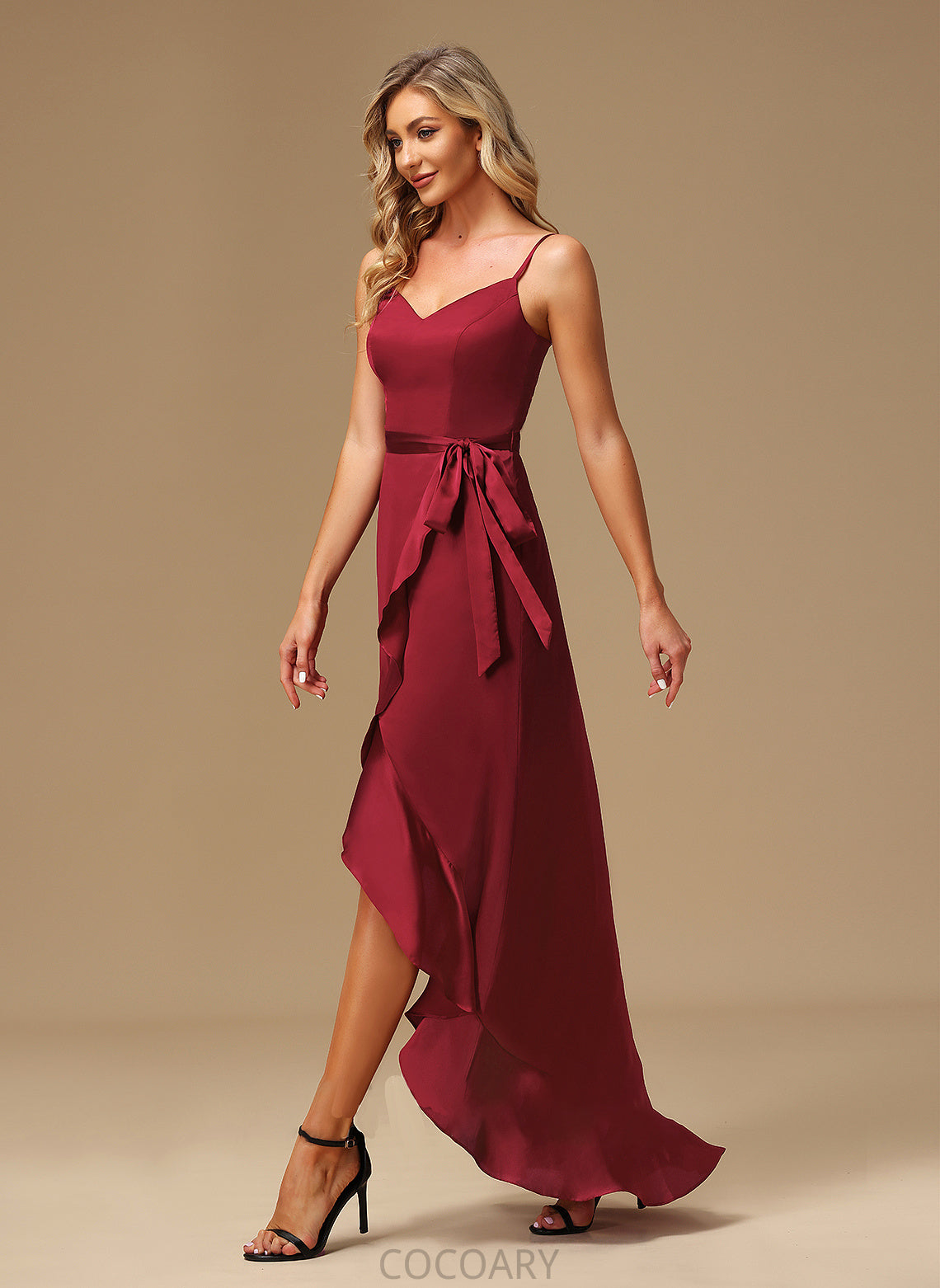 A-Line Asymmetrical V-neck Neckline Embellishment Length Fabric Silhouette SplitFront Aryanna V-Neck A-Line/Princess Bridesmaid Dresses