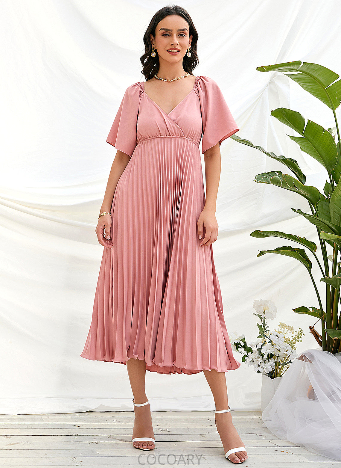 Length Tea-Length A-Line Fabric Embellishment V-neck Pleated Neckline Silhouette Janey Floor Length V-Neck Bridesmaid Dresses