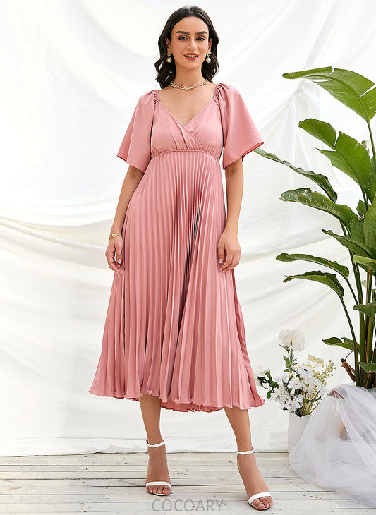 Length Tea-Length A-Line Fabric Embellishment V-neck Pleated Neckline Silhouette Janey Floor Length V-Neck Bridesmaid Dresses