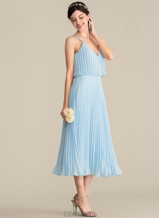 Pleated Fabric Neckline Length A-Line Silhouette V-neck Embellishment Tea-Length Kaylin Floor Length A-Line/Princess Bridesmaid Dresses