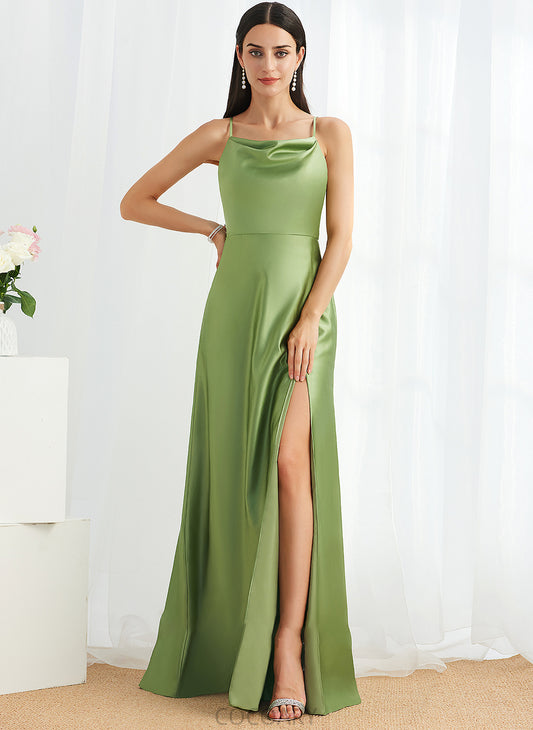 A-Line Length Floor-Length Silhouette Fabric SplitFront Neckline CowlNeck Embellishment Edith Natural Waist Straps Bridesmaid Dresses