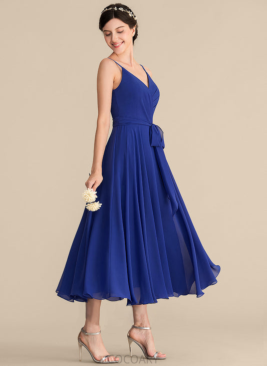 Ruffle A-Line V-neck Fabric Bow(s) Embellishment Silhouette Length Tea-Length Neckline Naima Floor Length Bridesmaid Dresses