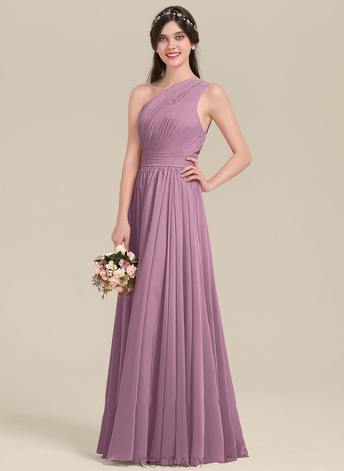 Silhouette Neckline One-Shoulder Embellishment Floor-Length A-Line Fabric Length Ruffle Mira Spaghetti Staps Satin Bridesmaid Dresses