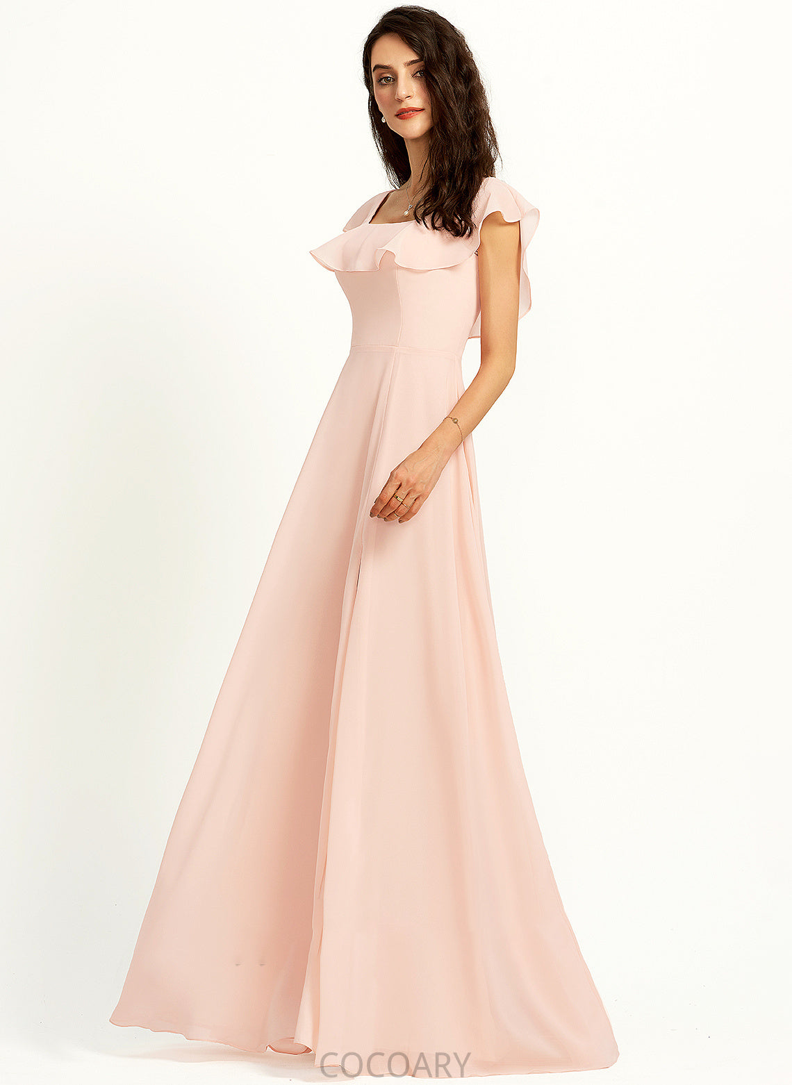 A-Line SquareNeckline Fabric Neckline SplitFront Floor-Length Embellishment Length Silhouette Stella Spandex Sweep-Brush Train Bridesmaid Dresses