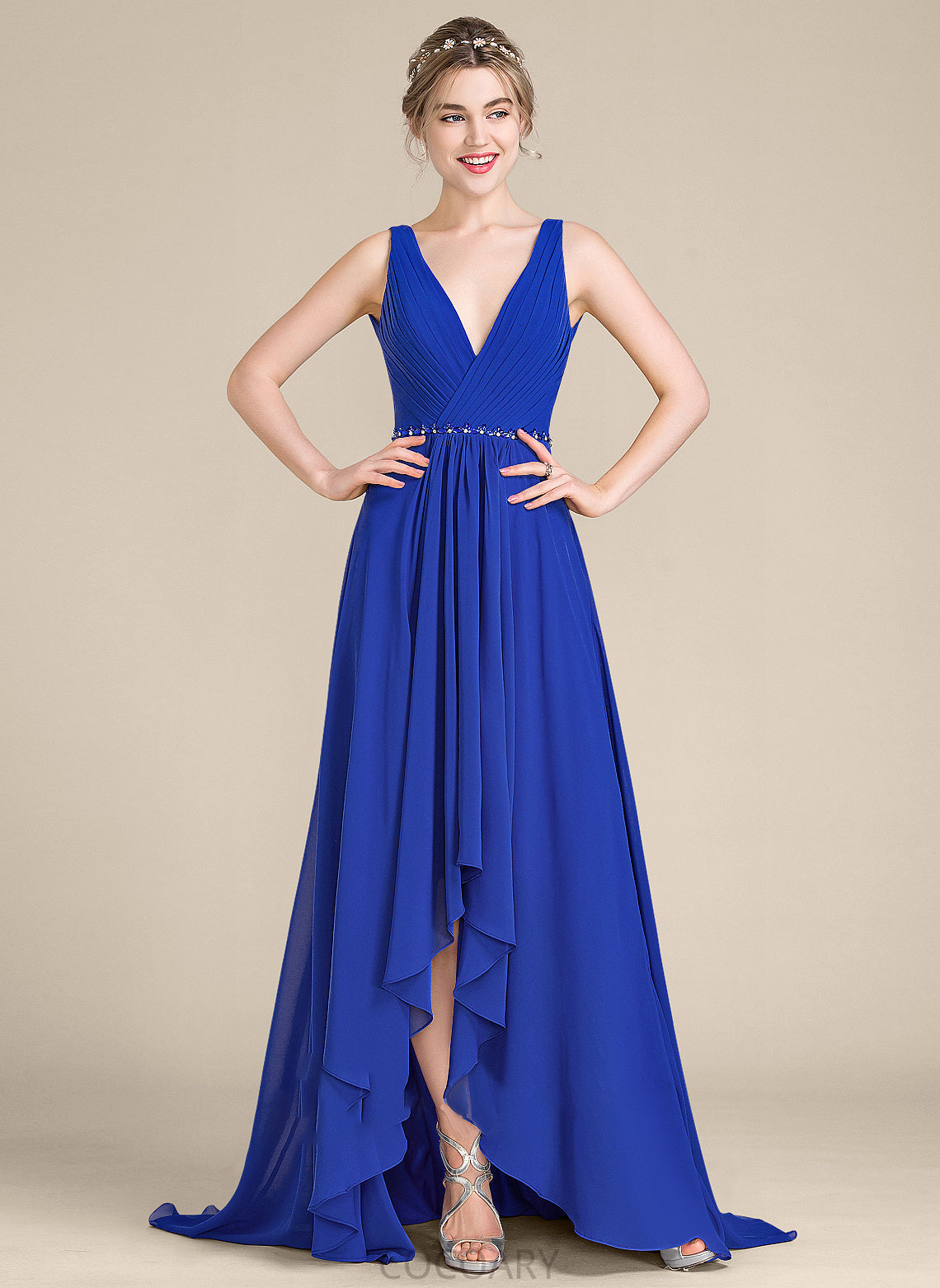 Length Silhouette Beading Neckline A-Line Asymmetrical Embellishment Fabric Sequins V-neck Ruffle Persis Bridesmaid Dresses