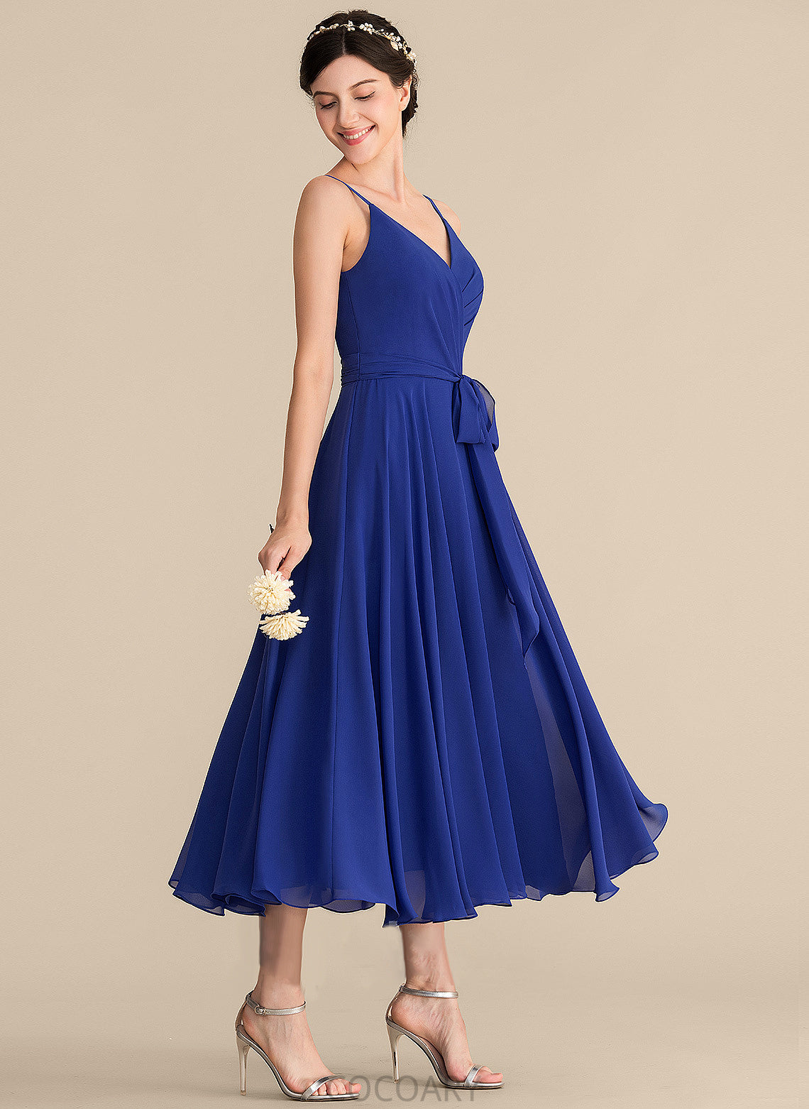 Tea-Length Neckline Silhouette Fabric Length Ruffle A-Line Bow(s) Embellishment V-neck Madilyn Sleeveless Bridesmaid Dresses