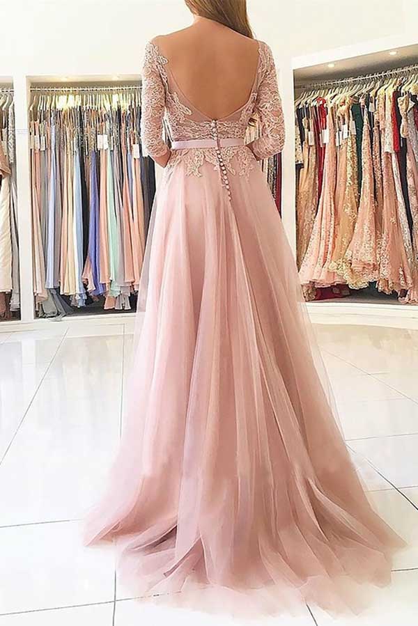 Gorgeous Applique Tulle 3/4 Sleeves Floor Length Prom Dresses