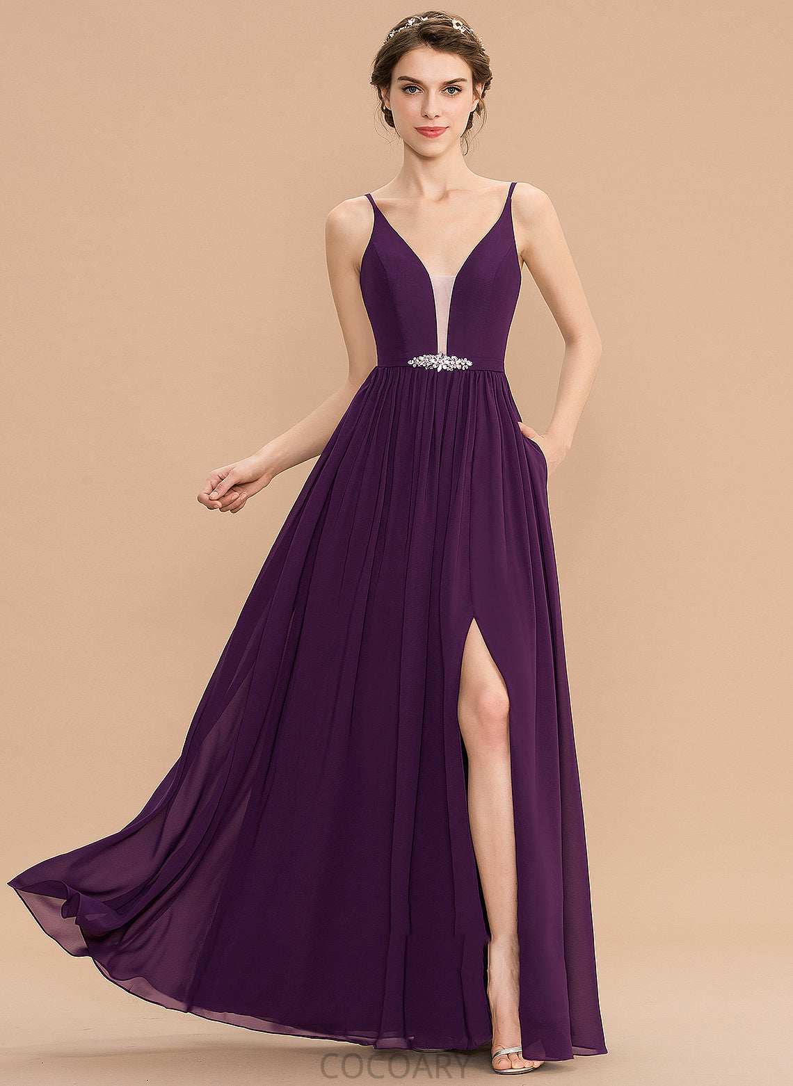 SplitFront A-Line Neckline V-neck Pockets Silhouette Floor-Length Length Fabric Embellishment Sequins Beading Bridesmaid Dresses