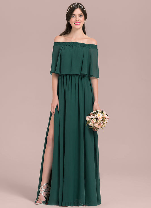 Floor-Length Off-the-Shoulder A-Line Embellishment Fabric Length Neckline SplitFront Silhouette Nellie A-Line/Princess Floor Length Bridesmaid Dresses