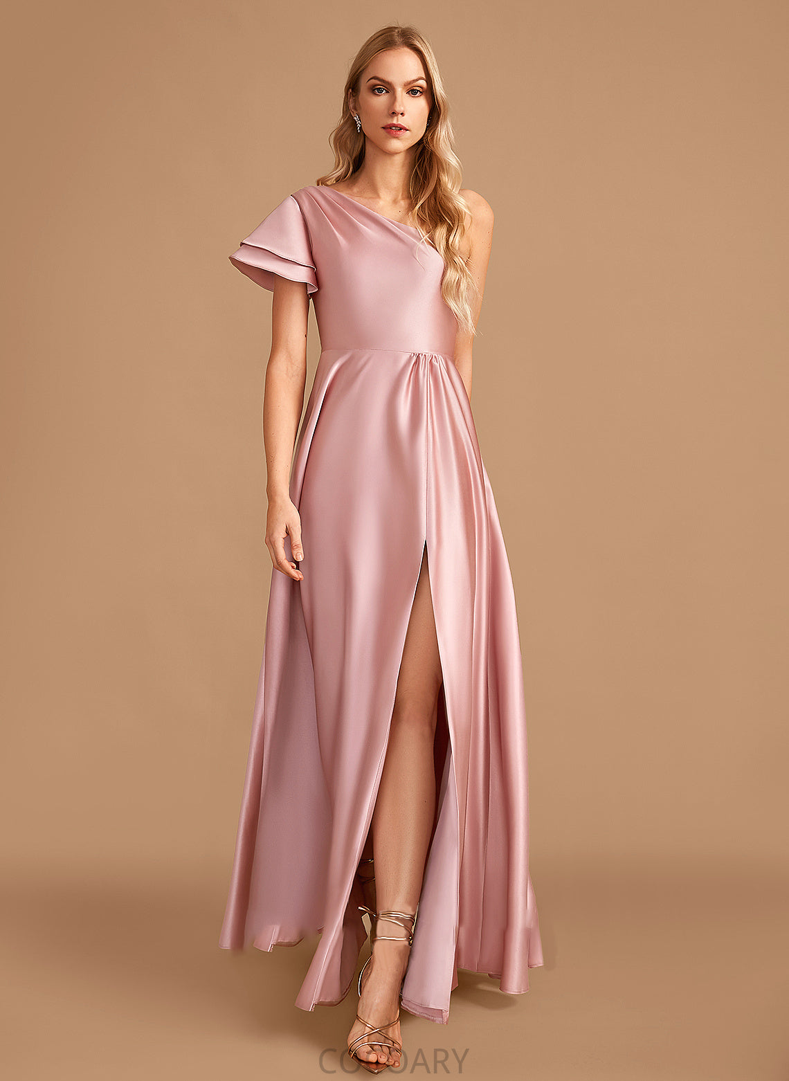 Length A-Line Floor-Length Fabric Neckline Embellishment SplitFront Silhouette One-Shoulder Makaila V-Neck Sleeveless Bridesmaid Dresses