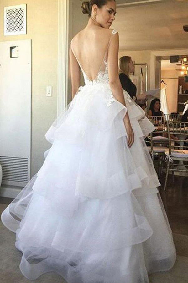 A Line Floor Length Sleeveless Backless Ruffles Organza Wedding Dresses