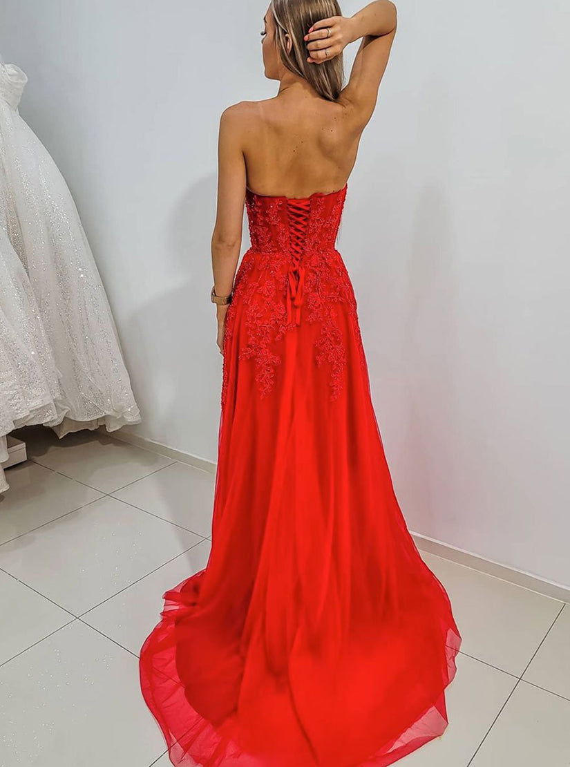 Red Sleeveless Sweetheart A Line Lace Long Prom Dresses