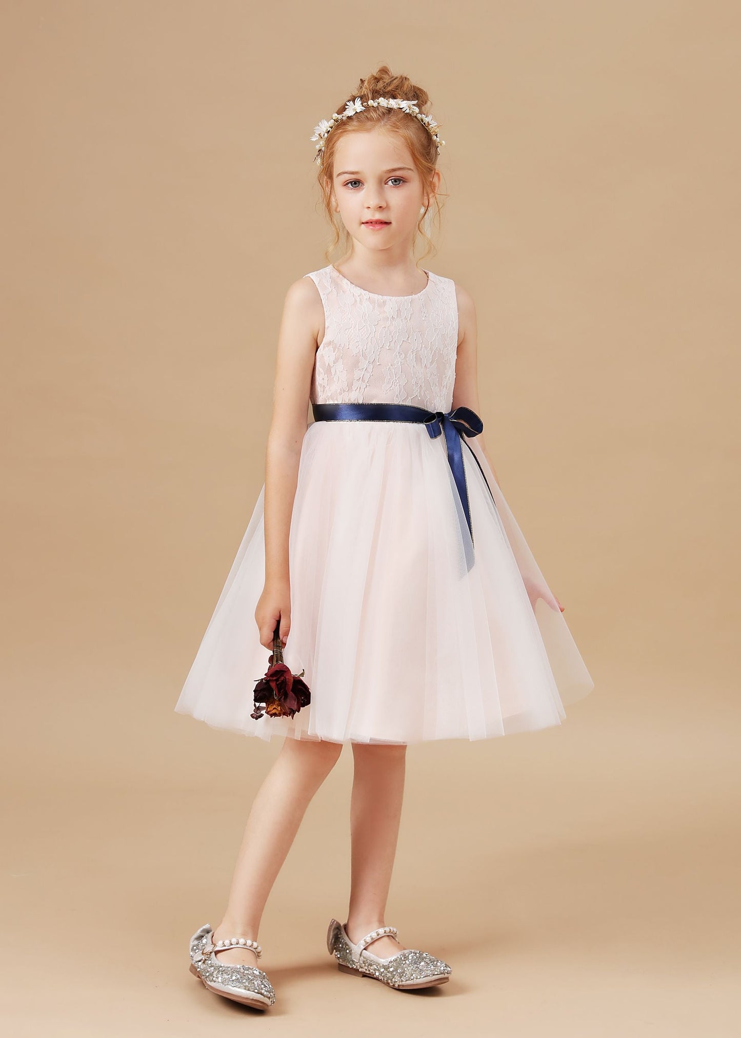 Sleeveless Lace Tulle Satin Flower Girl Dresses With Bowknot Satin-Sash