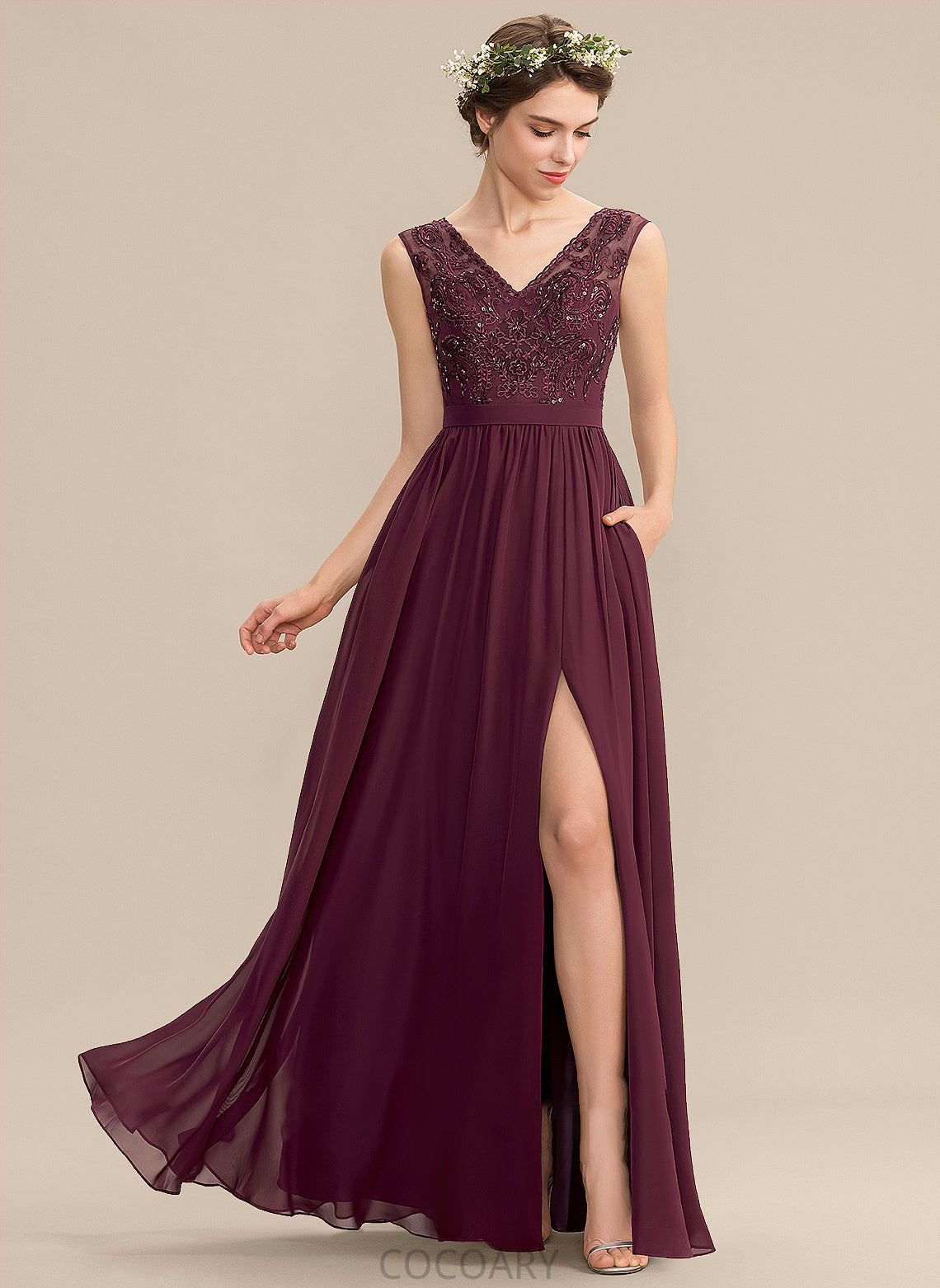 Neckline Silhouette Sequins SplitFront Pockets Fabric A-Line Embellishment Length V-neck Beading Floor-Length Bridesmaid Dresses