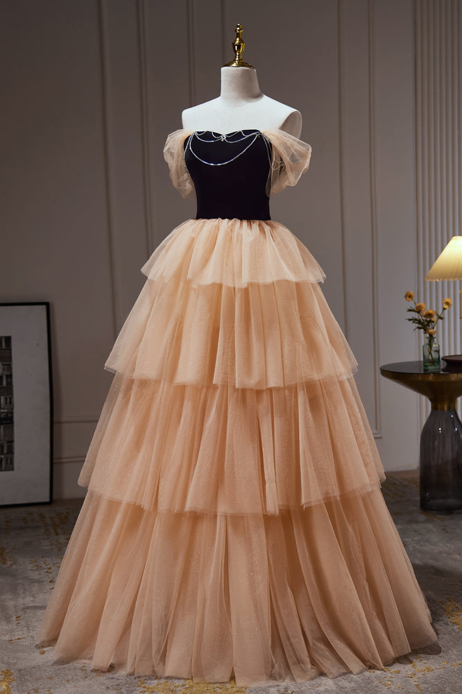 Pretty Champagne Off The Shoulder Beading A Line Tulle Long Prom Dresses