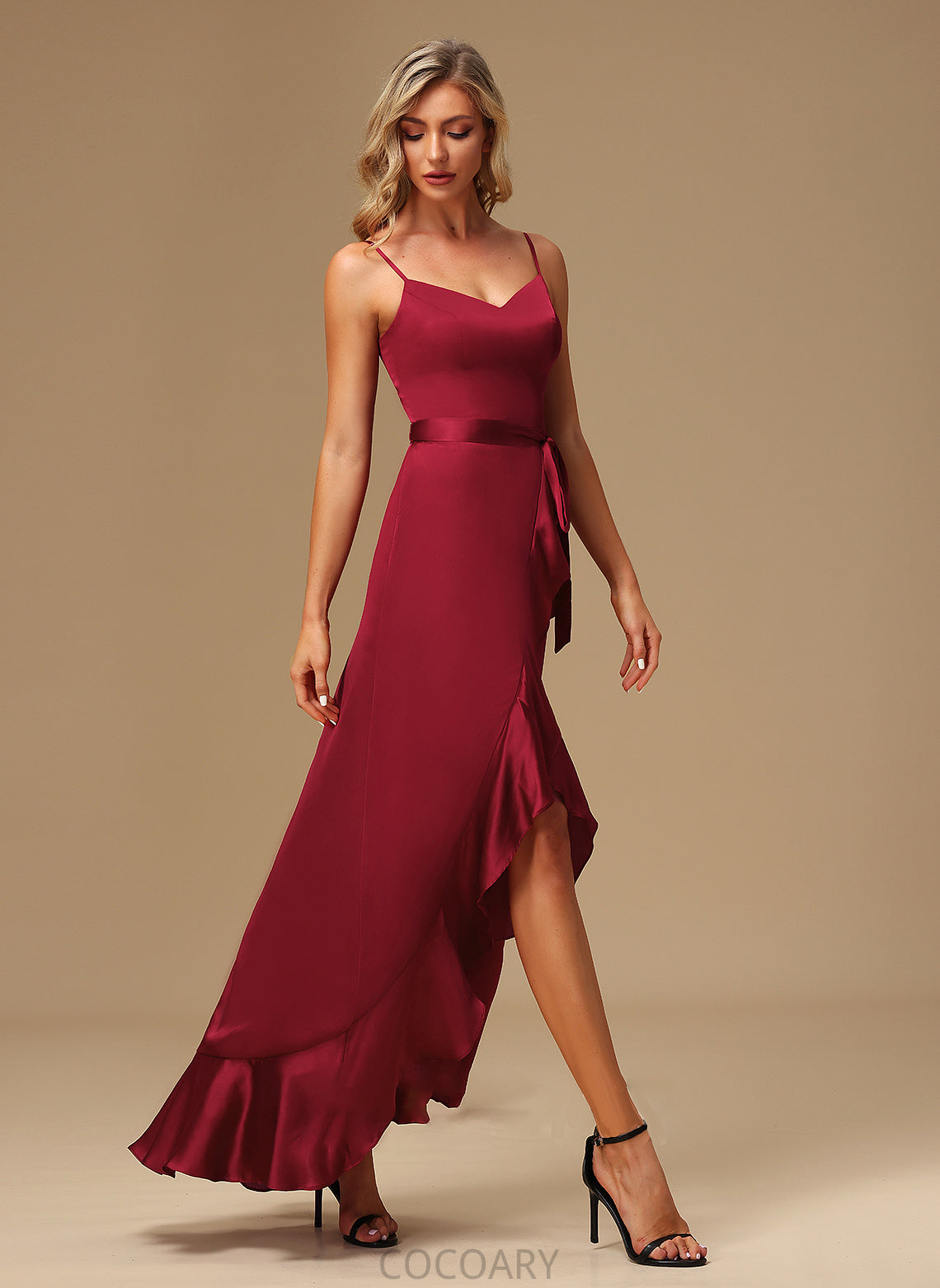 A-Line Asymmetrical V-neck Neckline Embellishment Length Fabric Silhouette SplitFront Aryanna V-Neck A-Line/Princess Bridesmaid Dresses