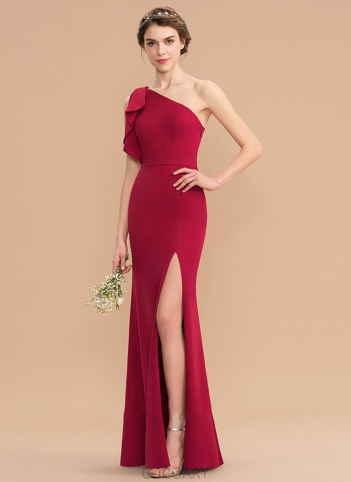 Fabric Sheath/Column SplitFront One-Shoulder Embellishment Neckline Floor-Length Length Silhouette Hortensia Sleeveless Floor Length Bridesmaid Dresses