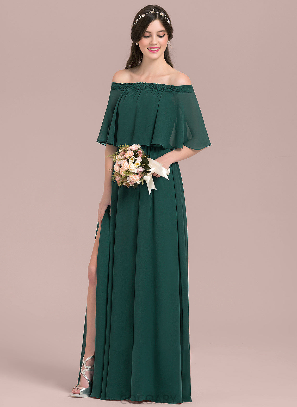 Length Floor-Length A-Line Embellishment Neckline Off-the-Shoulder Fabric SplitFront Silhouette Gladys A-Line/Princess Sleeveless Bridesmaid Dresses