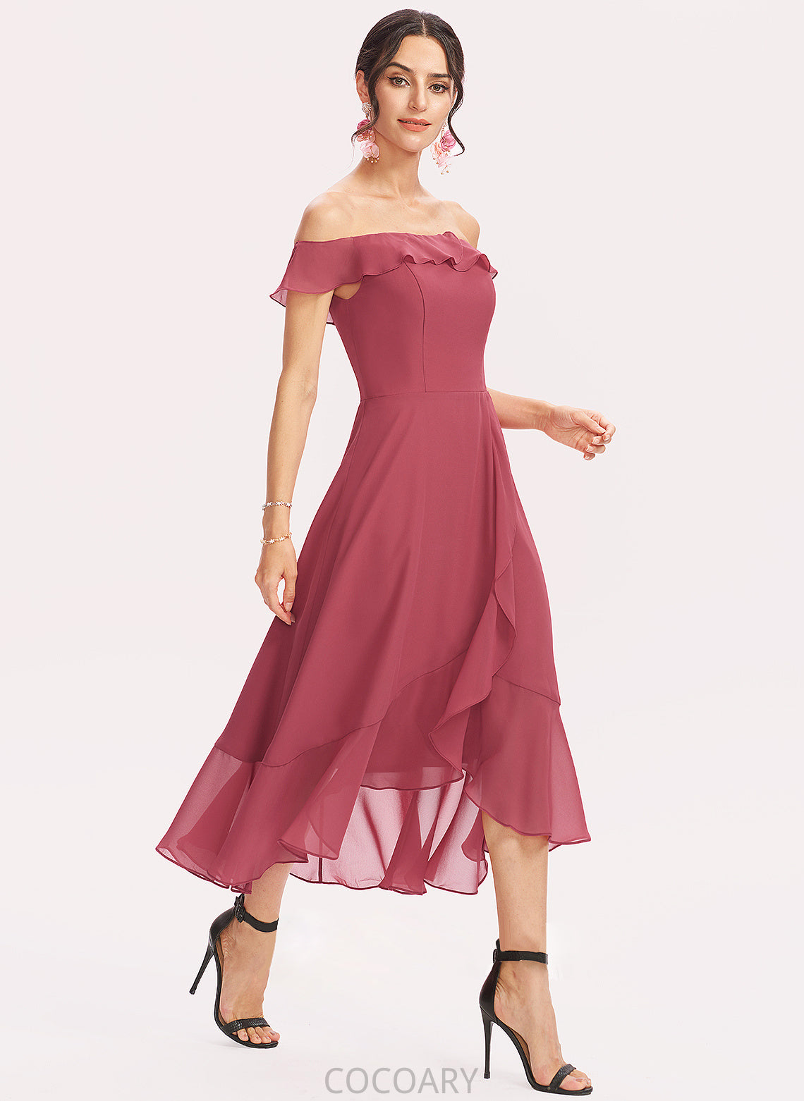 CascadingRuffles A-Line Silhouette Neckline Embellishment Length Off-the-Shoulder Tea-Length Fabric Macey Sleeveless Spandex Bridesmaid Dresses