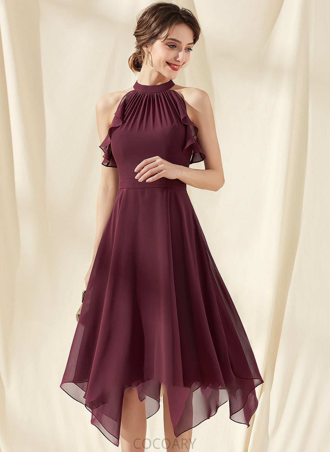 Fabric Silhouette Length Neckline CascadingRuffles Tea-Length ScoopNeck A-Line Embellishment Isis Taffeta Sleeveless Bridesmaid Dresses