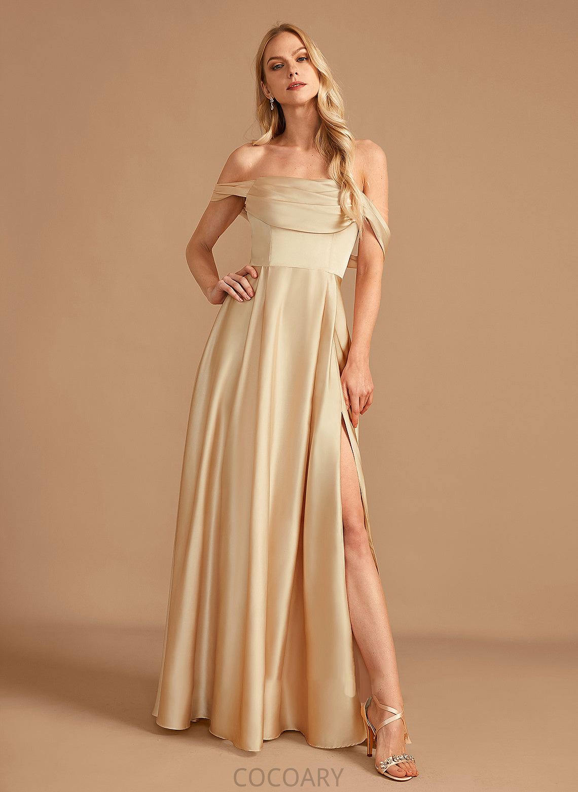 A-Line SplitFront Silhouette Floor-Length Neckline Fabric Pockets Off-the-Shoulder Length Embellishment Eliza Floor Length Bridesmaid Dresses