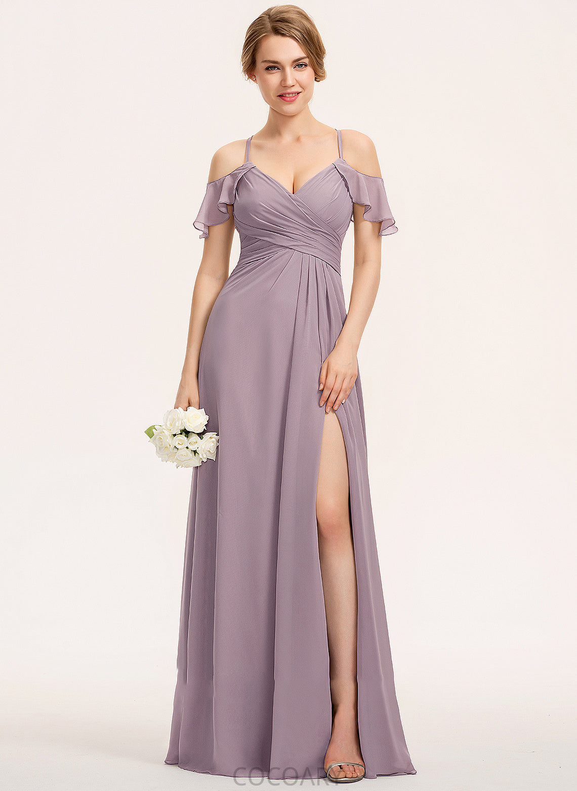 Silhouette A-Line Neckline CascadingRuffles Ruffle Fabric Length V-neck Embellishment Floor-Length SplitFront Susan Bridesmaid Dresses