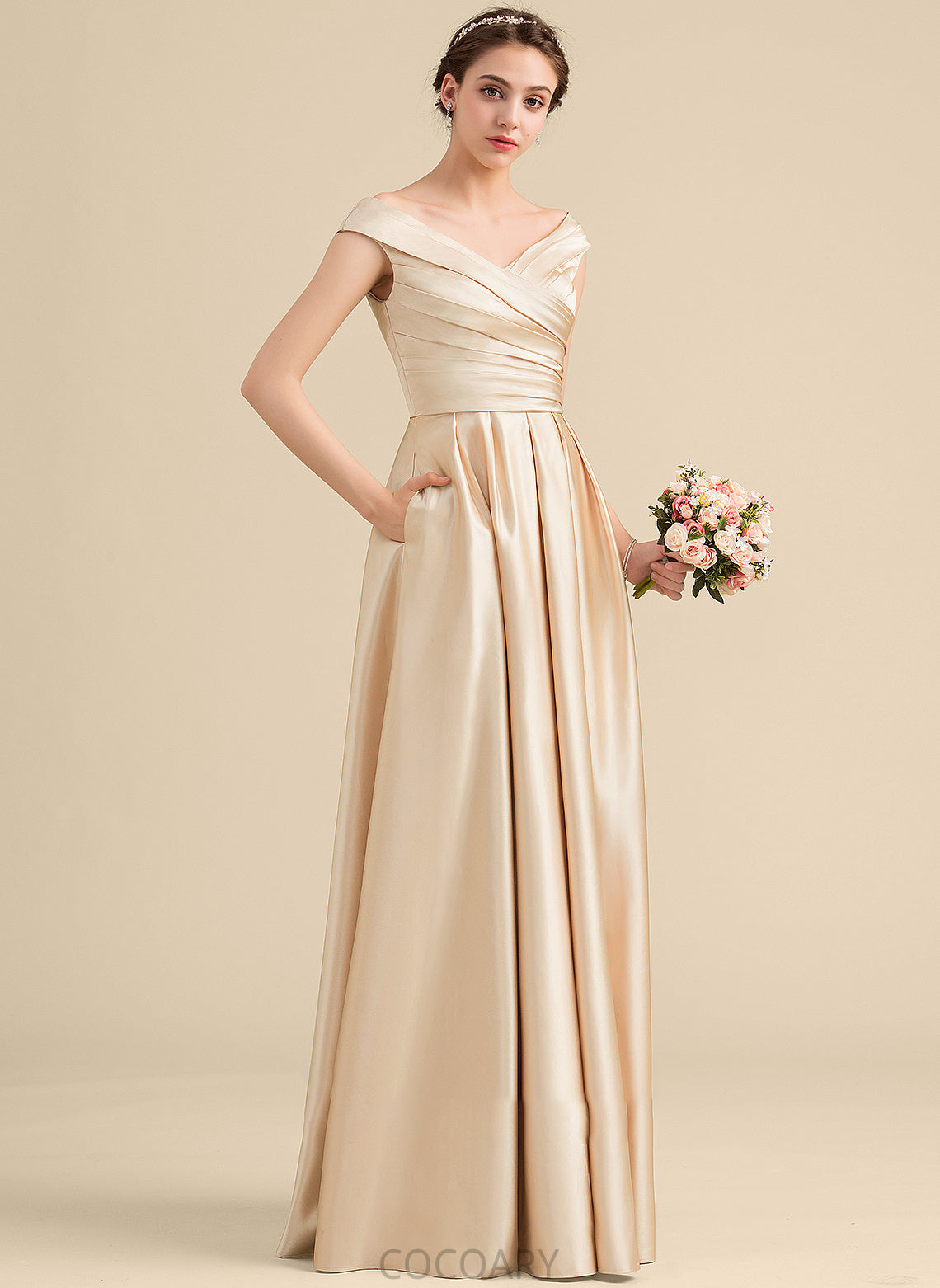 A-Line Fabric Pockets Neckline Length Embellishment Silhouette Floor-Length Off-the-Shoulder Ruffle Bianca Natural Waist Bridesmaid Dresses