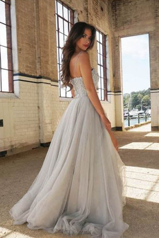 Gray A Line Floor Length Sweetheart Spaghetti Beading Prom Dresses