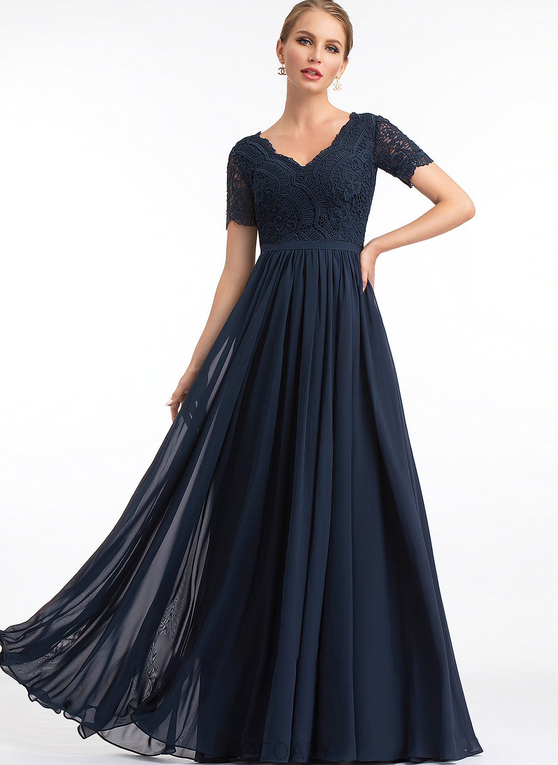 A-Line Fabric Sleeve Silhouette V-neck Neckline Lace Length Floor-Length Jakayla Sleeveless Sheath/Column Bridesmaid Dresses