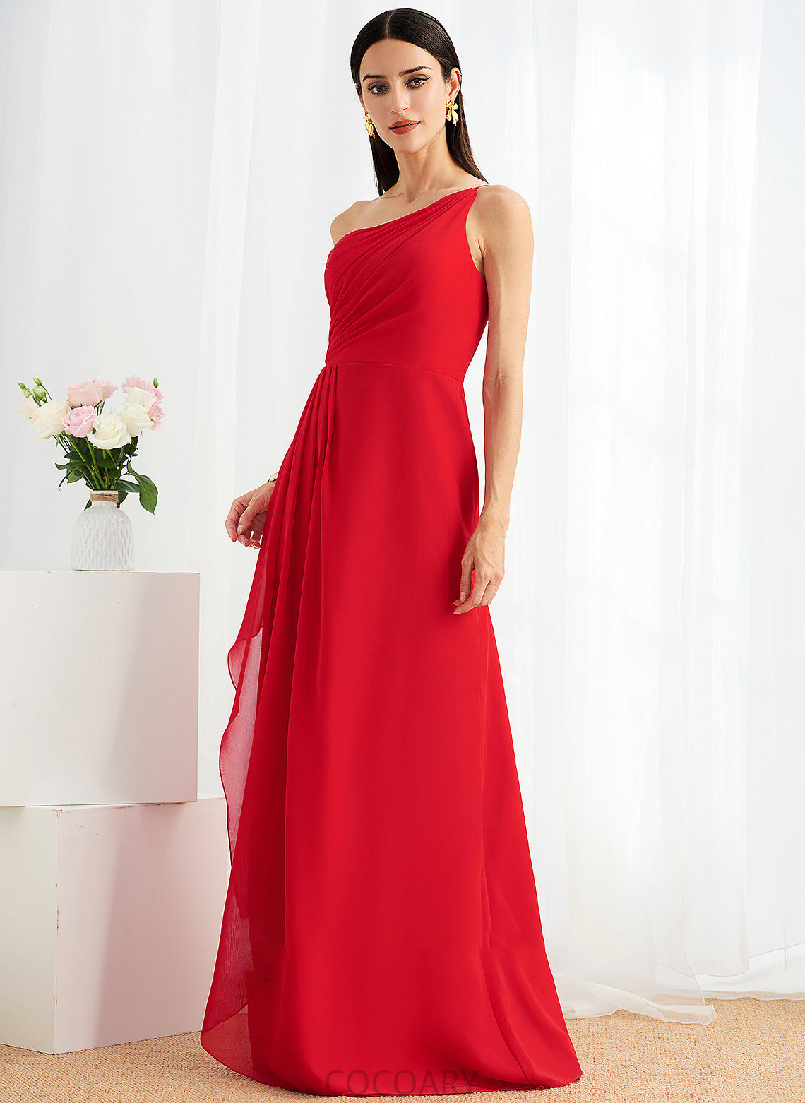 Ruffle Neckline A-Line Floor-Length One-Shoulder Length Fabric Embellishment Silhouette SplitFront Tiana Floor Length Bridesmaid Dresses