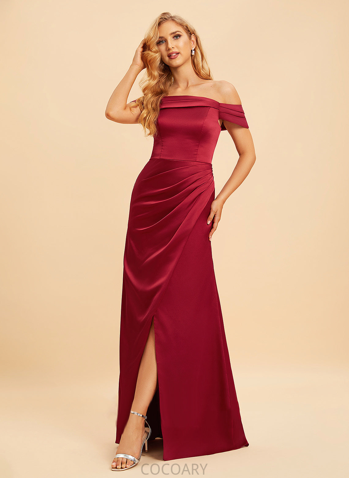 A-Line Silhouette Floor-Length Off-the-Shoulder SplitFront Length Fabric Neckline Embellishment Maliyah Floor Length Sleeveless Bridesmaid Dresses