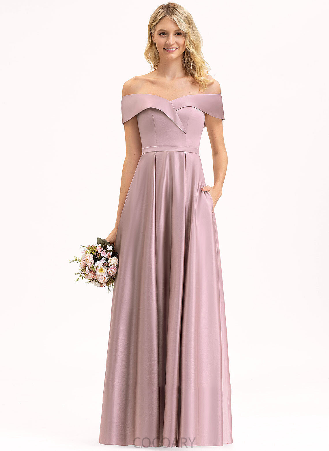 Off-the-Shoulder Fabric A-Line Length Neckline Floor-Length Embellishment Silhouette Pockets Charlotte Natural Waist A-Line/Princess Bridesmaid Dresses