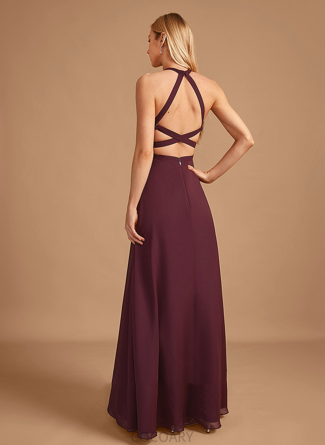 Fabric HighNeck SplitFront Length Embellishment Silhouette Floor-Length A-Line Neckline Elsie Empire Waist V-Neck Bridesmaid Dresses