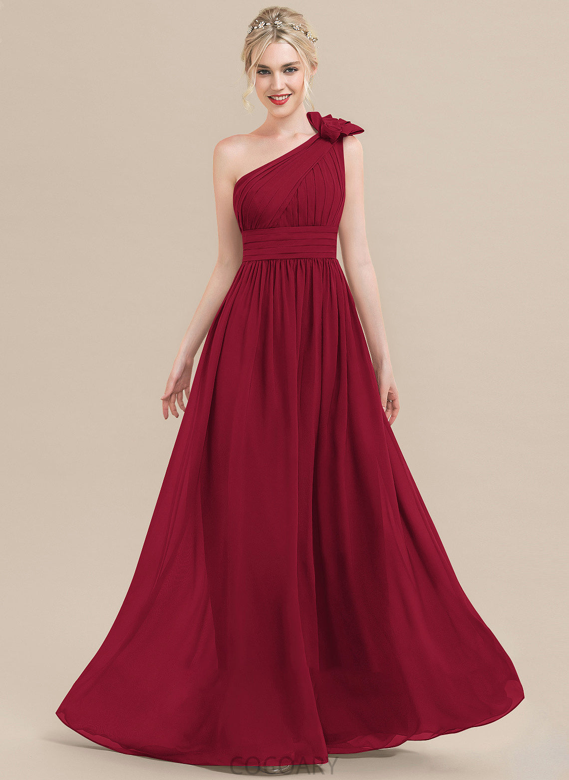 One-Shoulder Neckline Ruffle Floor-Length Flower(s) Length Fabric A-Line Embellishment Silhouette Willa A-Line/Princess Bridesmaid Dresses