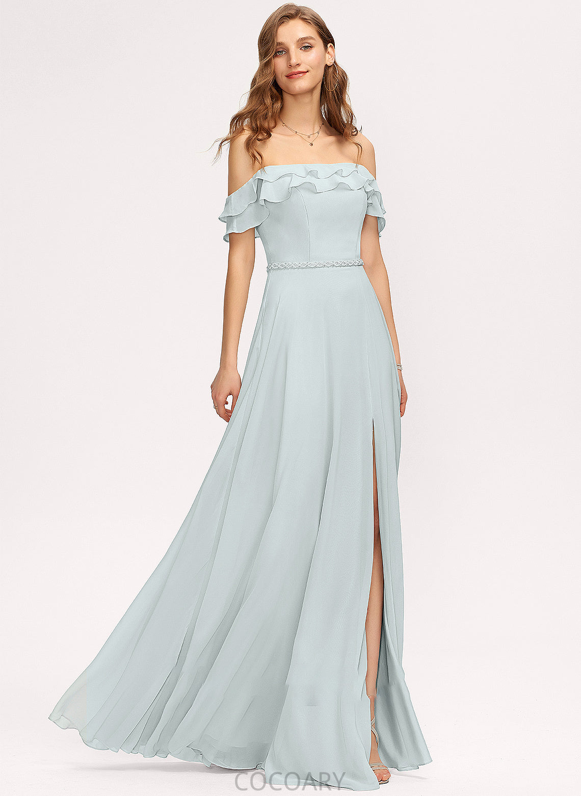 Off-the-Shoulder A-Line SplitFront Embellishment Floor-Length CascadingRuffles Length Silhouette Beading Fabric Neckline Charlie Bridesmaid Dresses