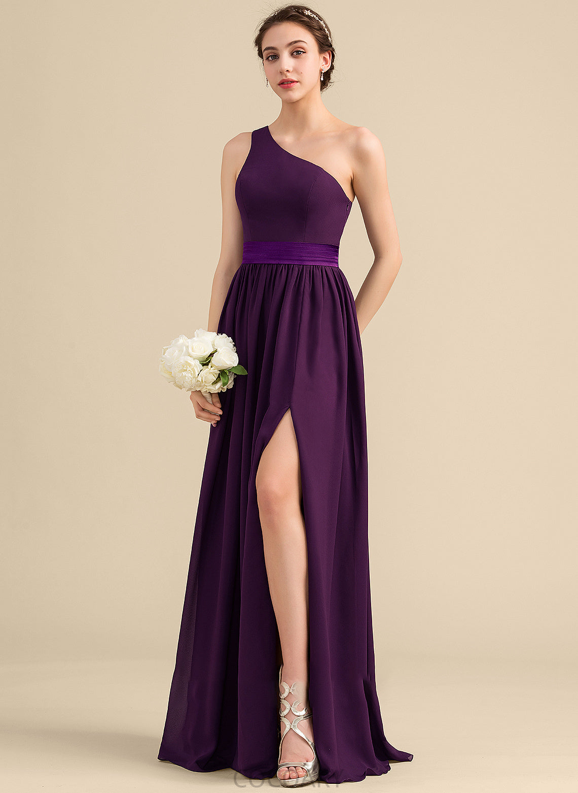 Floor-Length One-Shoulder Silhouette Neckline A-Line SplitFront Embellishment Ruffle Fabric Length Camila Straps Bridesmaid Dresses